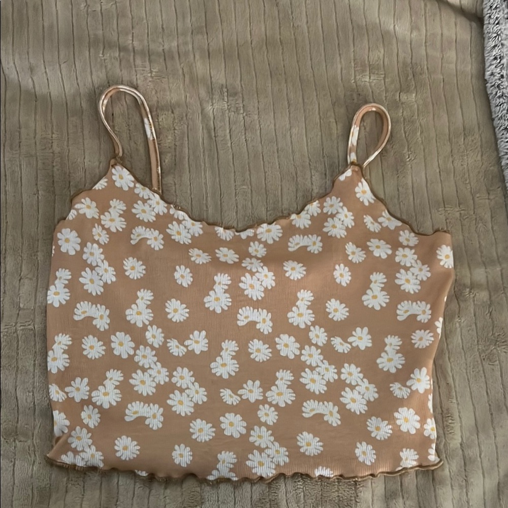 Tan Fitted Crop Camisole with Floral Print